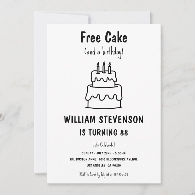 Funny Free Cake Joke Simple Quirky 88th Birthday Invitation (Front)