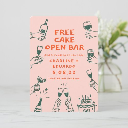 Funny Free Cake Open Bar drinks Retro Contemporary Save The Date
