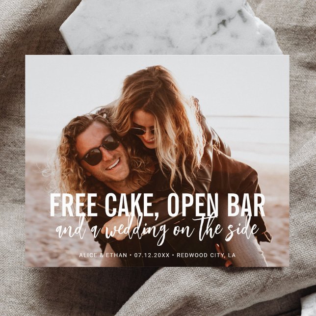 Funny Free Cake Open Bar Wedding Save The Date Flyer (Creator Uploaded)