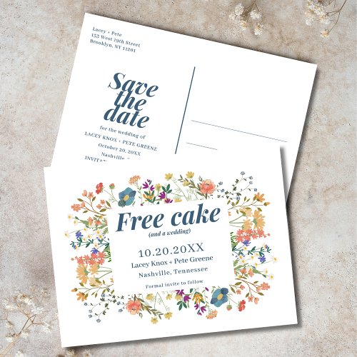 Funny Free Cake Wildflowers Wedding Save the Date Announcement Postcard
