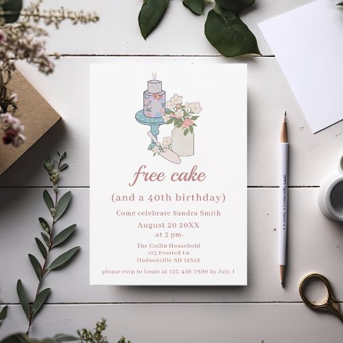 Funny Free Cake Womens 40th Birthday Invitation