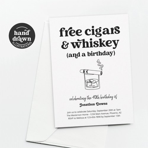 Funny Free Cigars  Whiskey Mens Birthday Party Invitation