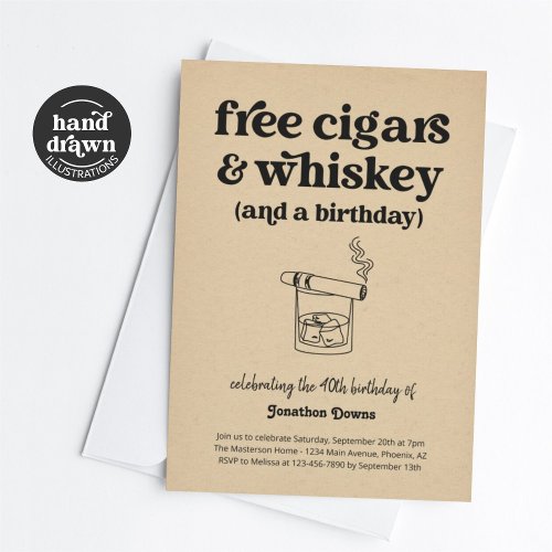 Funny Free Cigars  Whiskey Mens Birthday Party Invitation