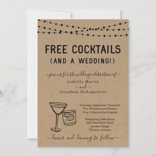 Funny Free Cocktails and a Wedding Invitation - Free Cocktails (And a Wedding!)  Funny invitation wording for a fun wedding.  The martini and rocks glasses toast artwork is hand-drawn on a wonderfully rustic kraft background.

Coordinating RSVP, Details, Registry, Thank You cards and other items are available in the 'Rustic Brewery on Kraft Background' Collection within my store.