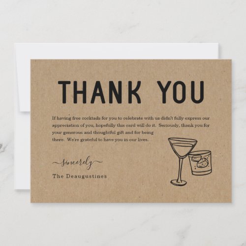 Funny Free Cocktails Thank You Card - Funny Free Cocktails Thank You Card - Hand-drawn martini and mixed drink toast artwork on a wonderfully rustic kraft background.  A fun thank you for a fun event.