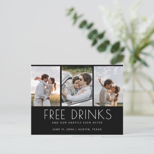 Funny Free Drinks 3 Photo Wedding Save the Date Announcement Postcard