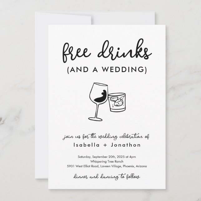 Funny Free Drinks and a Wedding Invitation (Front)