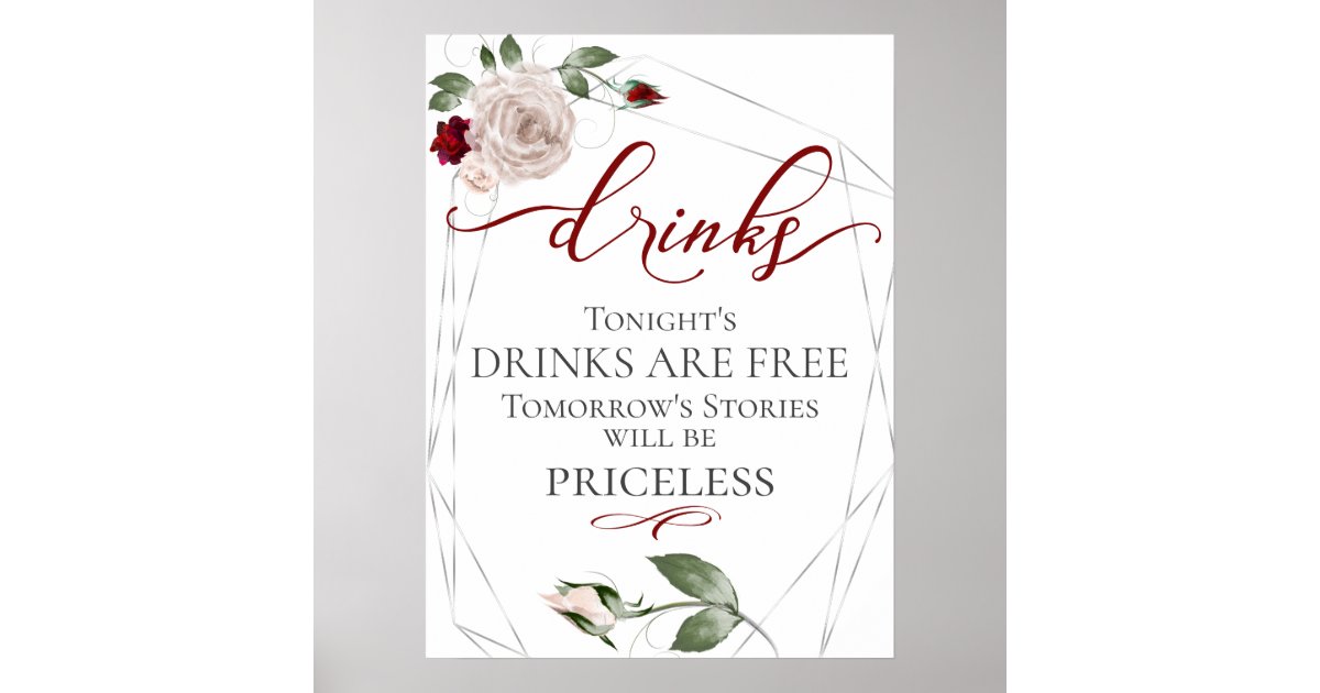Funny Free Drinks Bar Menu Sign Blush Rose Zazzle