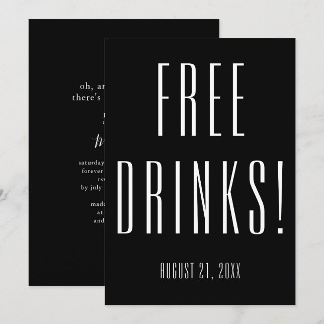 Funny Free Drinks Black Bridal Shower Invitation (Front/Back)