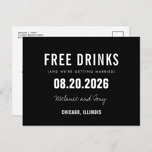 Funny Free Drinks Black Wedding Save the Date Announcement Postcard (Front/Back)