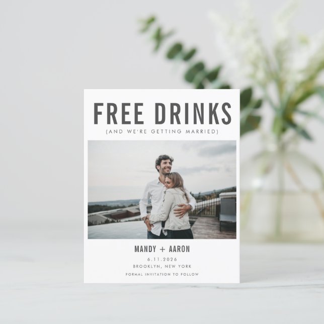 Funny Free Drinks Budget Save the Date (Standing Front)
