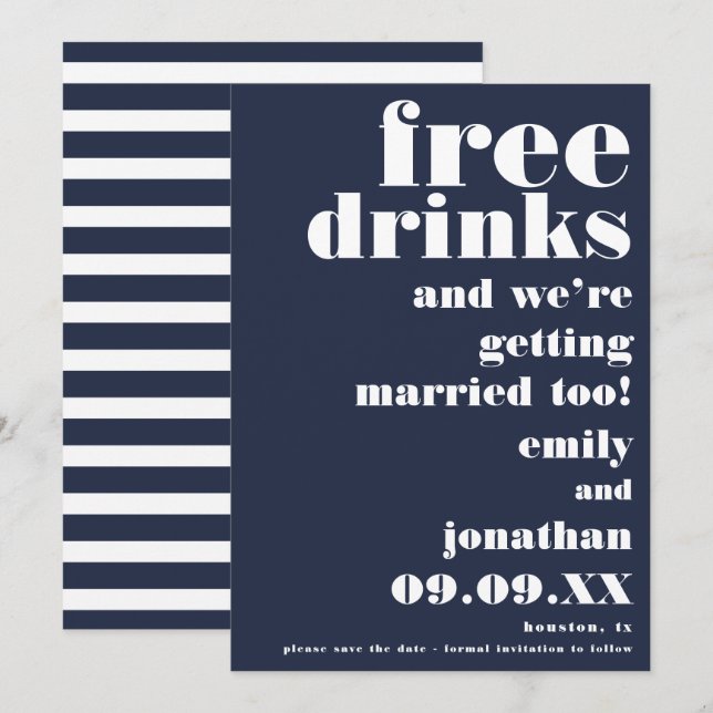 Funny Free Drinks Casual Navy White Save The Date (Front/Back)