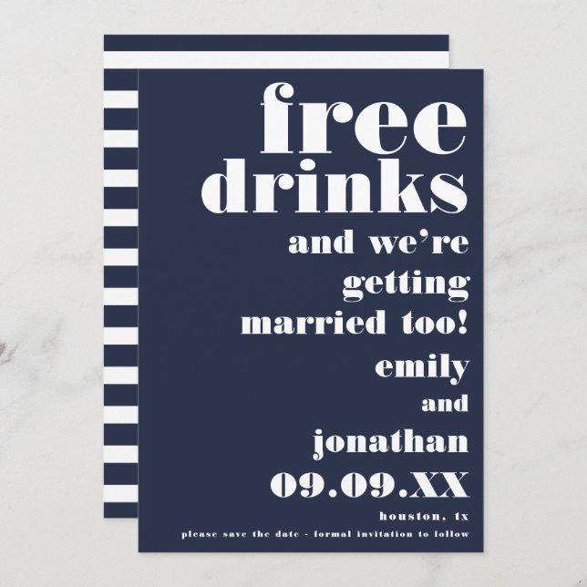 Funny Free Drinks Casual Navy White Save The Date (Front/Back)