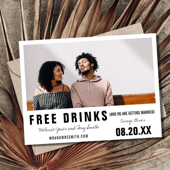 Funny Free Drinks Modern Photo Wedding Announcement Postcard (Creator Uploaded)