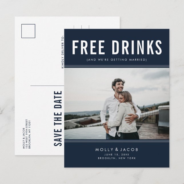 Funny Free Drinks Photo Navy Wedding Save the Date Announcement Postcard (Front/Back)