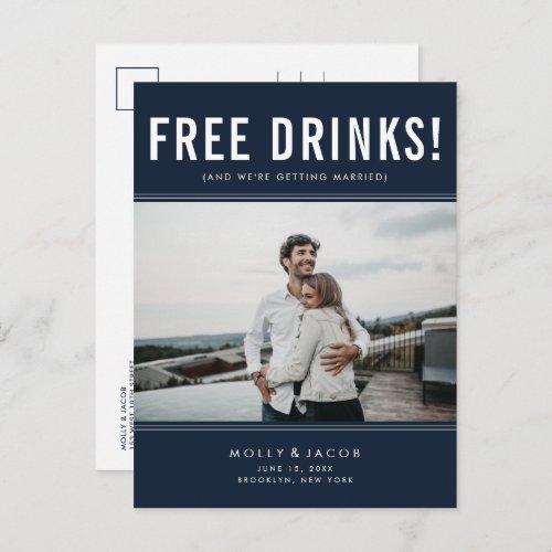 Funny Free Drinks Photo Navy Wedding Save the Date Announcement Postcard