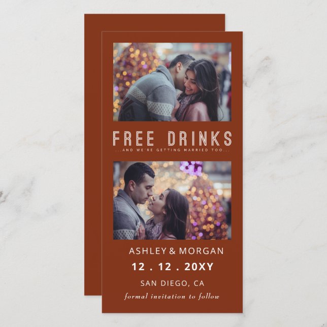 Funny Free Drinks Photo Wedding save The Date Anno Announcement (Front/Back)