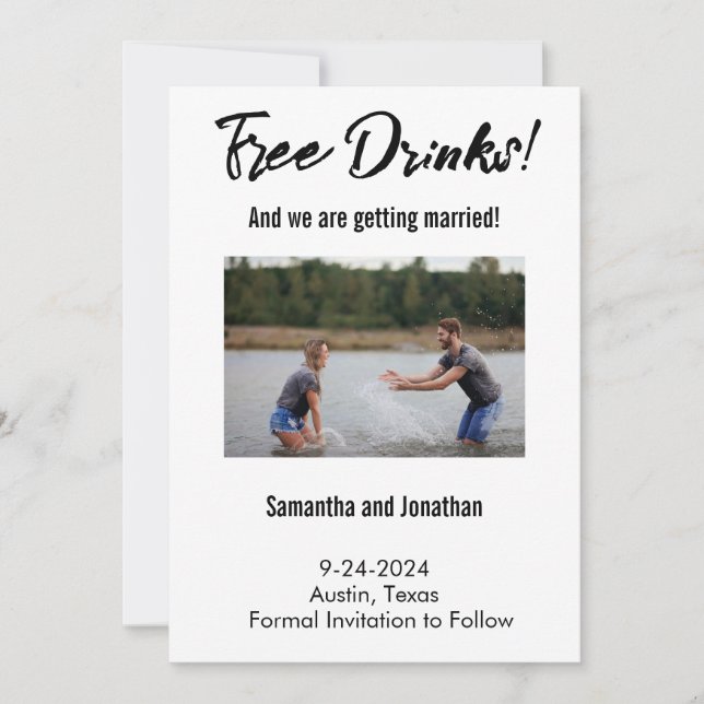 Funny Free Drinks Save the Date Card (Front)