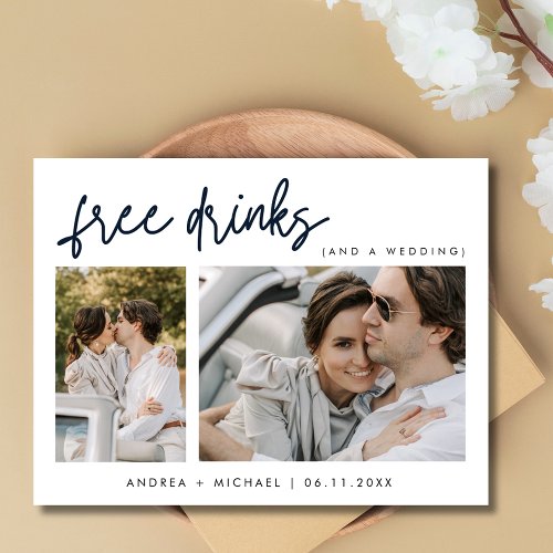 Funny Free Drinks Two Photo Wedding Save the Date Announcement Postcard
