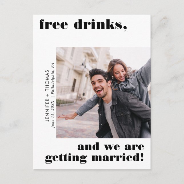 Funny Free Drinks Typography Save the Date Black Postcard (Front)