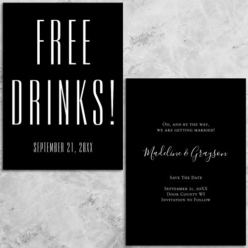 Funny Free Drinks Wedding Black Save The Date