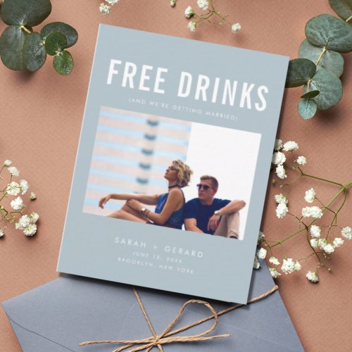 Funny Free Drinks Wedding Blue Save the Dates Announcement Postcard