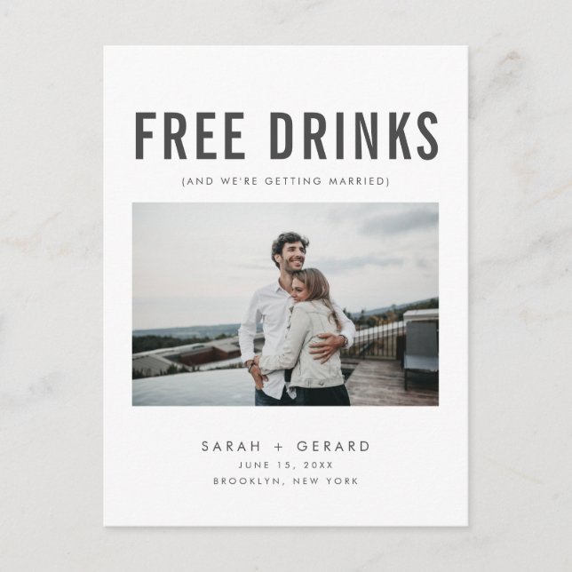 Funny Free Drinks Wedding Photo Save the Dates Announcement Postcard (Front)