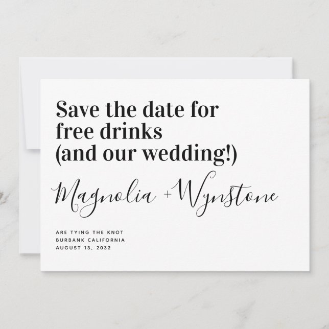 Funny Free Drinks Wedding Save The Date (Front)