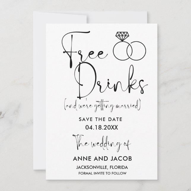 Funny Free Drinks Wedding Save the Date