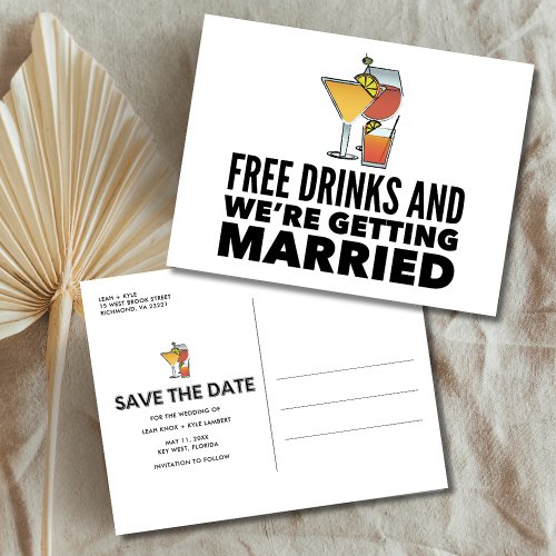 Funny Free Drinks Wedding Save the Date Announcement Postcard