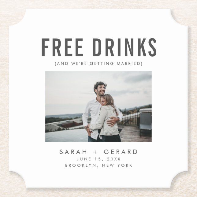 Funny Free Drinks Wedding Save the Dates Paper Coaster (Front)