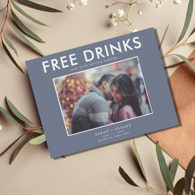 Funny Free Drinks Winter Blue Wedding Save Dates Announcement Postcard (Creator Uploaded)