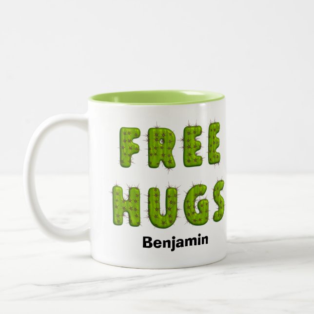 Funny free hugs cactus typography humor Two-Tone coffee mug (Left)