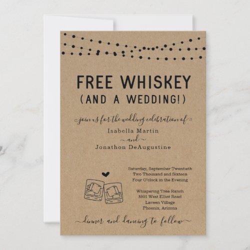 Funny Free Whiskey and a Wedding Invitation - Free Whiskey (And a Wedding!)  Funny invitation wording for a fun wedding.  The whiskey toast artwork is hand-drawn on a wonderfully rustic kraft background.

Coordinating RSVP, Details, Registry, Thank You cards and other items are available in the 'Rustic Distillery Line Art' Collection within my store.