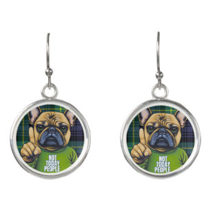 Funny French Bull Dog Not Today Plaid Earrings
