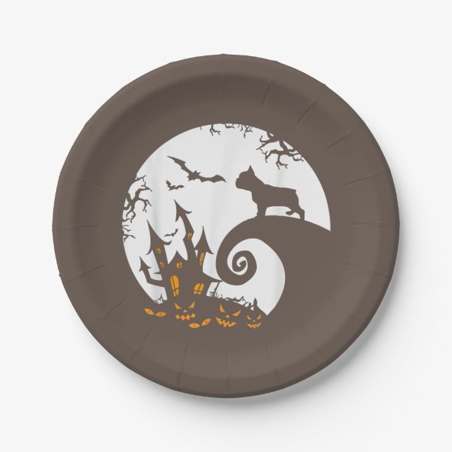 Funny French Bulldog And Moon Halloween Costume Paper Plates (Front)