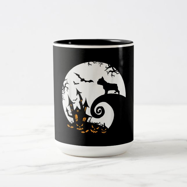 Funny French Bulldog And Moon Halloween Costume Two-Tone Coffee Mug (Center)
