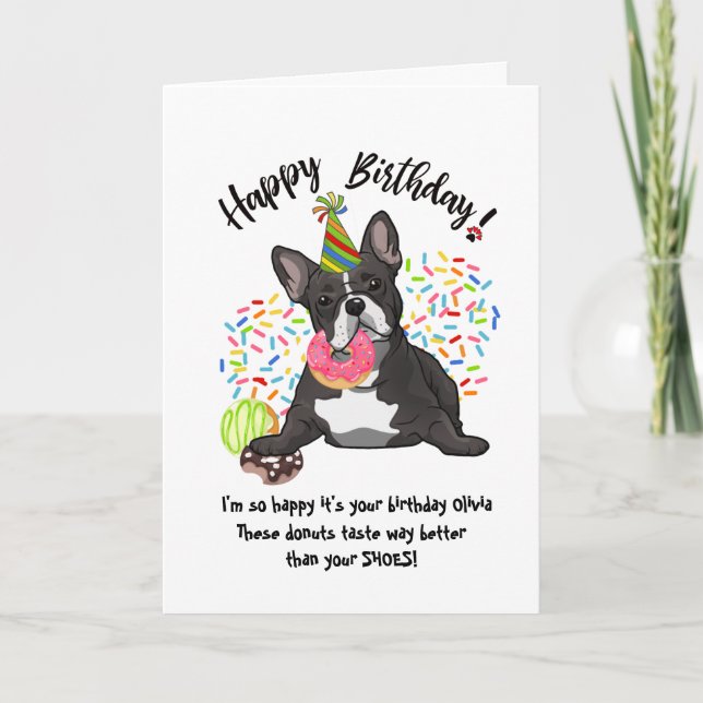 Funny French Bulldog Birthday Card Donuts (Front)