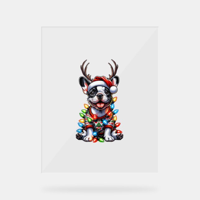 Funny French Bulldog Christmas Light Santa Hat Rei Acrylic Sign (Front)