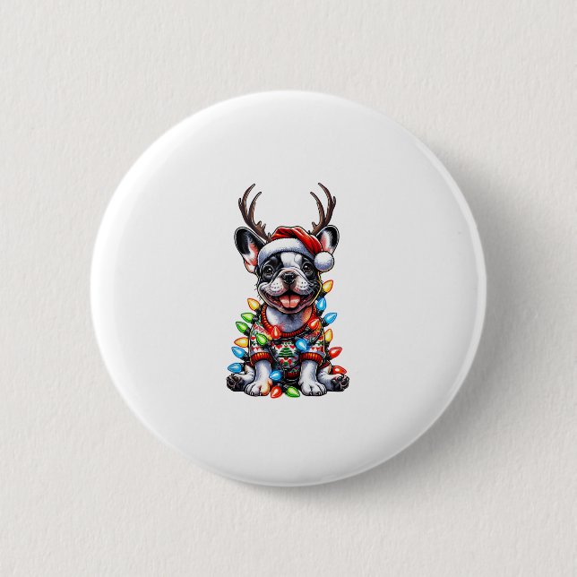 Funny French Bulldog Christmas Light Santa Hat Rei Button (Front)