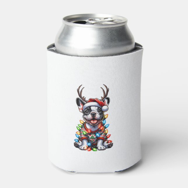 Funny French Bulldog Christmas Light Santa Hat Rei Can Cooler (Can Front)