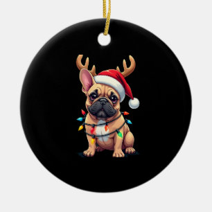 Funny French Bulldog Christmas Light Santa Hat Rei Ceramic Ornament