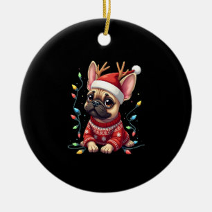 Funny French Bulldog Christmas Light Santa Hat Rei Ceramic Ornament
