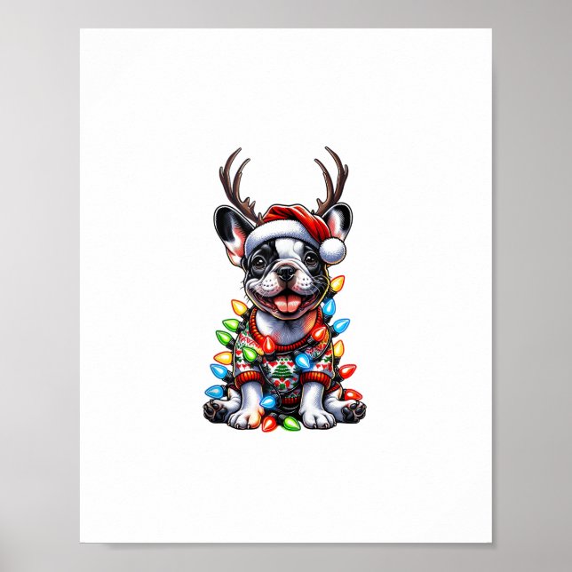 Funny French Bulldog Christmas Light Santa Hat Rei Poster (Front)