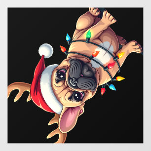 Funny French Bulldog Christmas Light Santa Hat Rei Wall Decal
