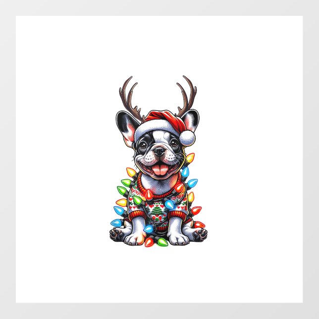Funny French Bulldog Christmas Light Santa Hat Rei Wall Decal (Front)
