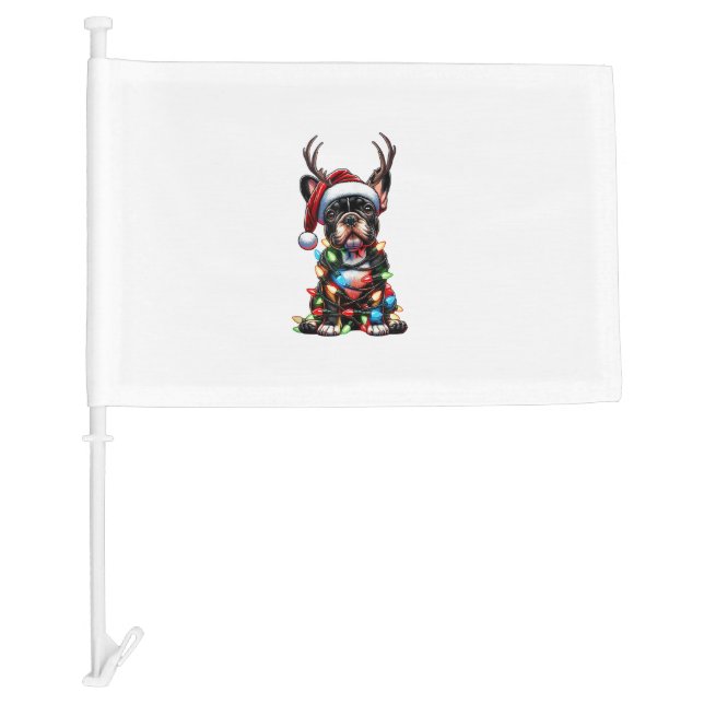 Funny French Bulldog Christmas Santa Hat Light Rei Car Flag (Front)