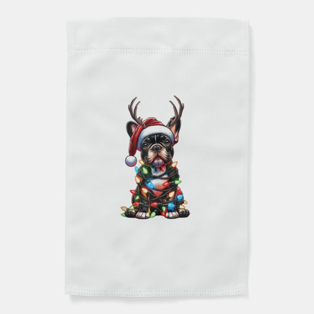 Funny French Bulldog Christmas Santa Hat Light Rei Garden Flag (Front)