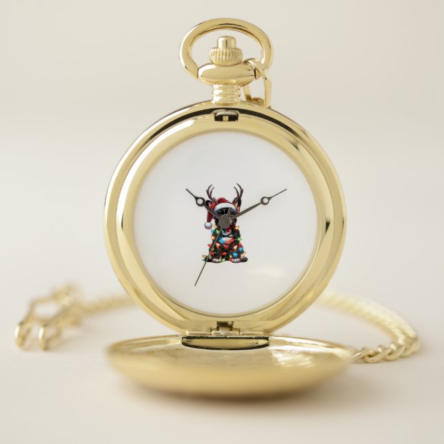 Funny French Bulldog Christmas Santa Hat Light Rei Pocket Watch (Inside)