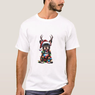 Funny French Bulldog Christmas Santa Hat Light Rei T-Shirt